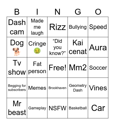 YT shorts Bingo Card