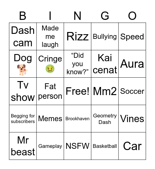 YT shorts Bingo Card