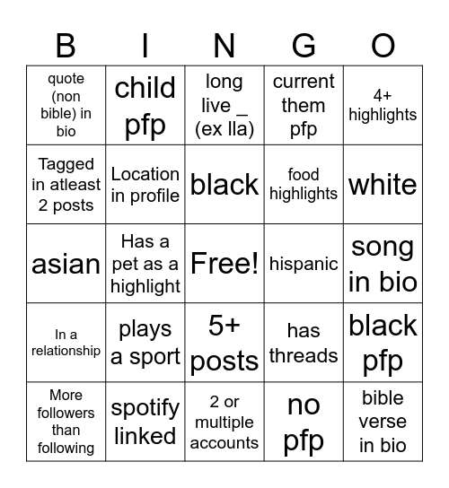 Critera Bingo Card