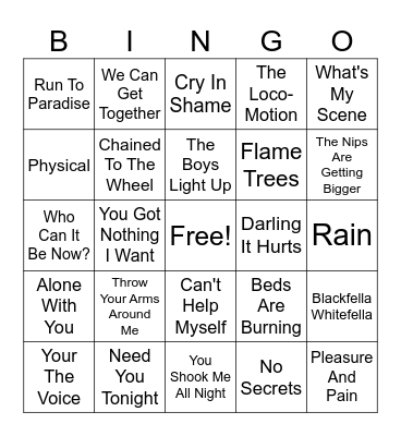 Australian 80s Hits Bingo Card