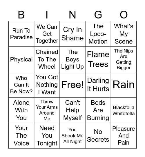 Australian 80s Hits Bingo Card