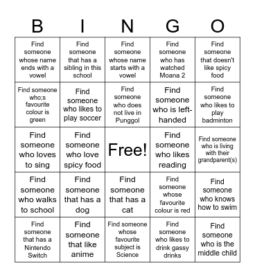 Know your classmate Bingo Card