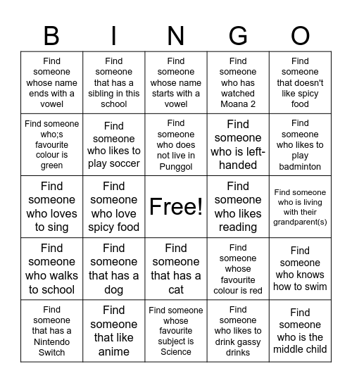 Know your classmate Bingo Card