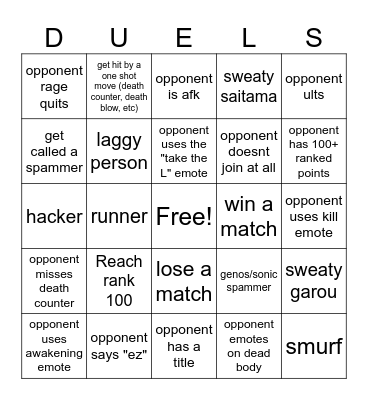 TSB duels bingo Card