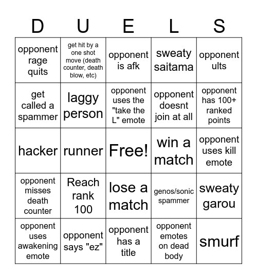 TSB duels bingo Card