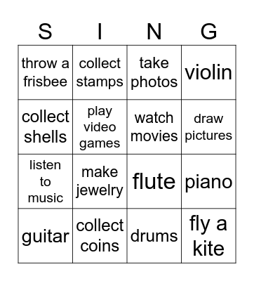 HOBBIES Bingo Card