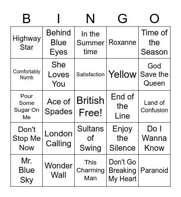 British Invasion Bingo Card
