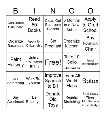 New Years Resolutions Bingo Card