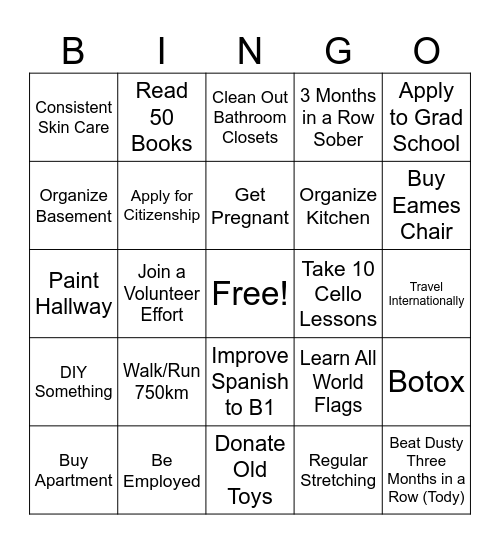 New Years Resolutions Bingo Card