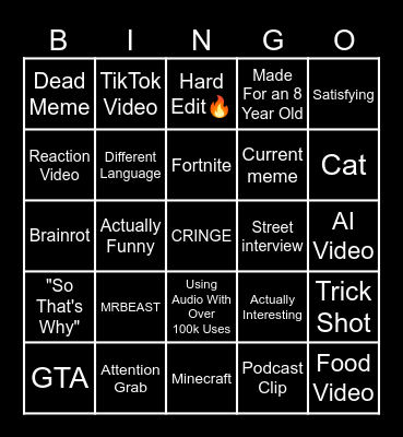 YouTube Shorts Bingo Card