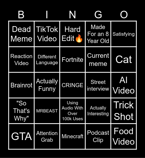 YouTube Shorts Bingo Card