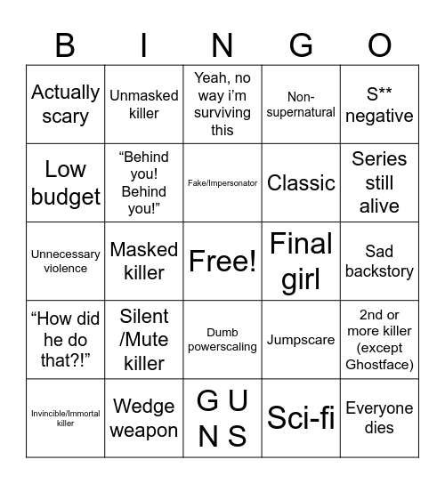 Horror Movies Bingo Card