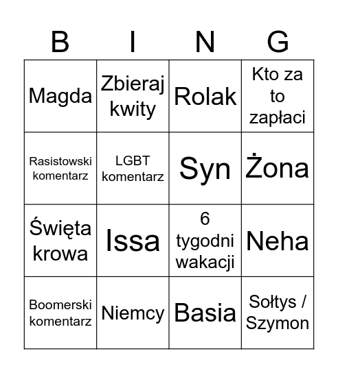 Bingo - skreślenie 5 dowolnych kratek Bingo Card