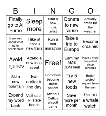 New Year's Resolution BINGO Card