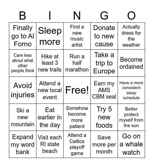 New Year's Resolution BINGO Card