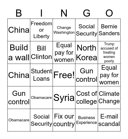 Presidential Debate 2016 Bingo Card