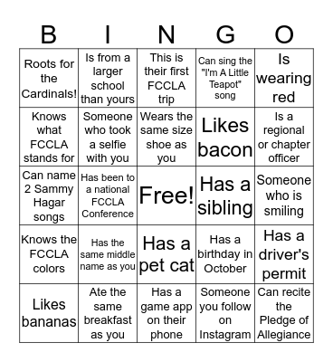 Region 6 FCCLA Human Scavenger Hunt Bingo Card