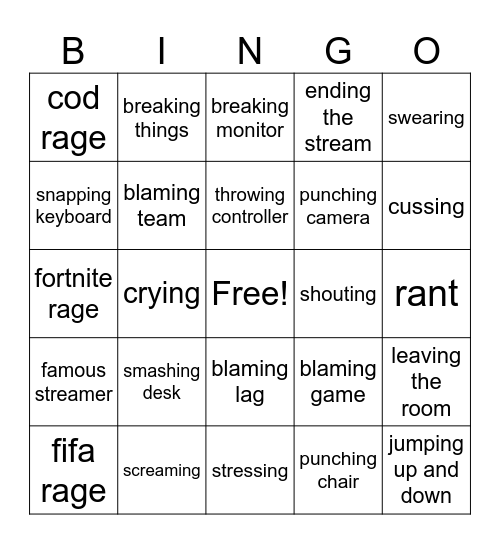 gamer rage bingo Card