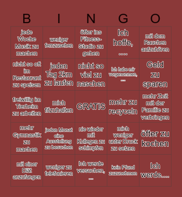 Gute Vorsätze für das Neujahr Bingo Card