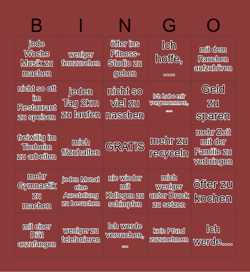 Gute Vorsätze für das Neujahr Bingo Card