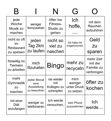 Gute Vorsätze für das Neujahr Bingo Card