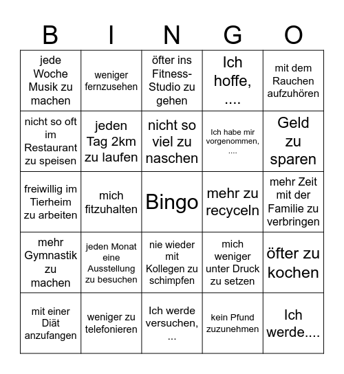 Gute Vorsätze für das Neujahr Bingo Card