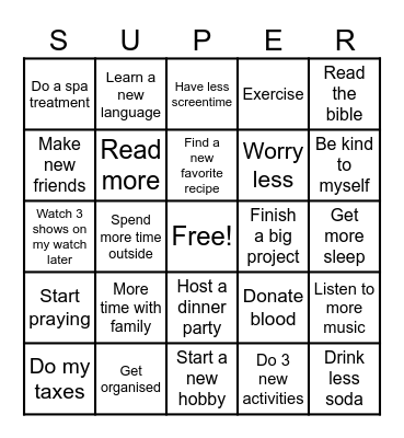 2024 New Years Resolutions Bingo Card