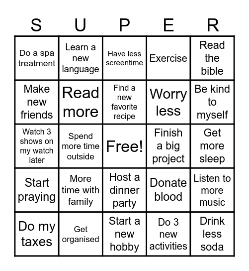 2024 New Years Resolutions Bingo Card