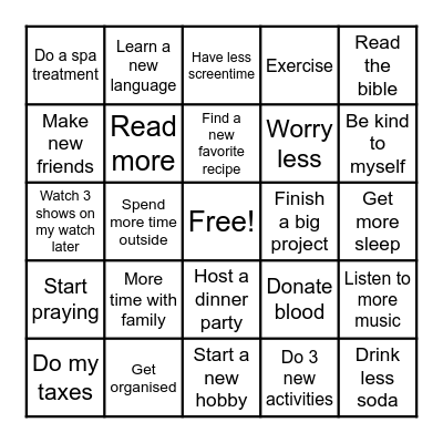 2024 New Years Resolutions Bingo Card