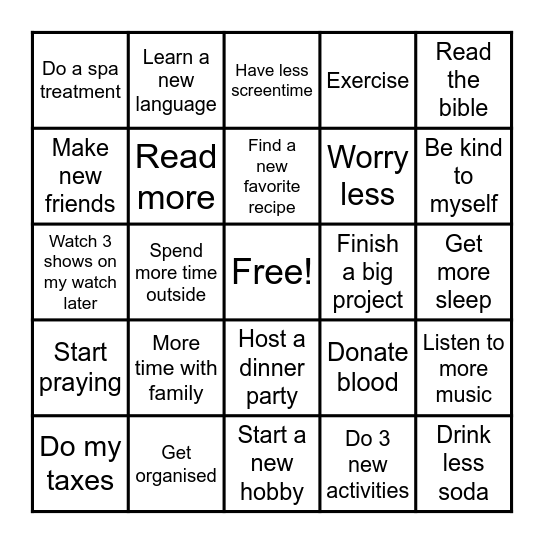 2024 New Years Resolutions Bingo Card