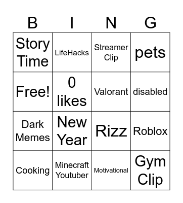 YT SHORTS Bingo Card