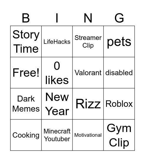 YT SHORTS Bingo Card