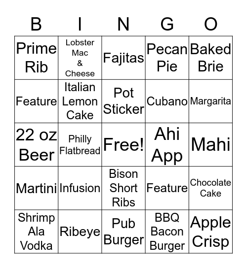 Dinner Bingo Card