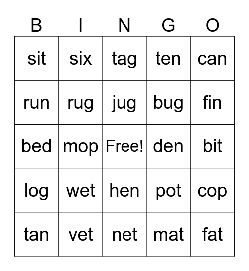 CVC Words Bingo Card