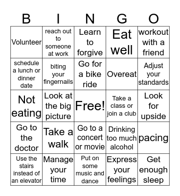 Stress Management Bingo Card