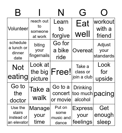 Stress Management Bingo Card