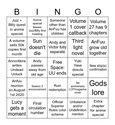 Undead Unluck 2025 Bingo Card