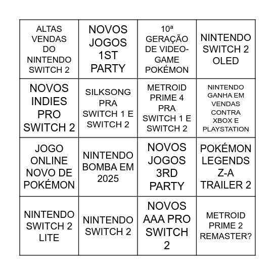 NINTENDO EM 2025 Bingo Card