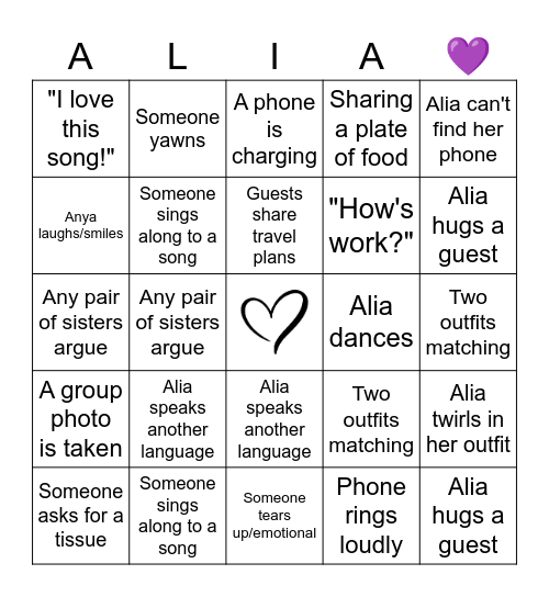 Alia's Henna Night BINGO Card