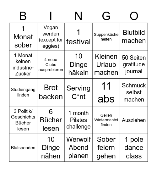 New Year’s resolution Bingo Card