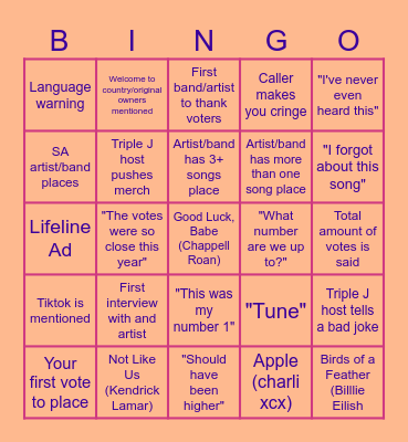 Triple J Hottest 100 Bingo Card