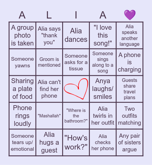 Alia's Henna Night Bingo 💜 Bingo Card
