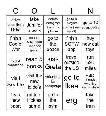 Colin's 2025 Bingo Card Bingo Card