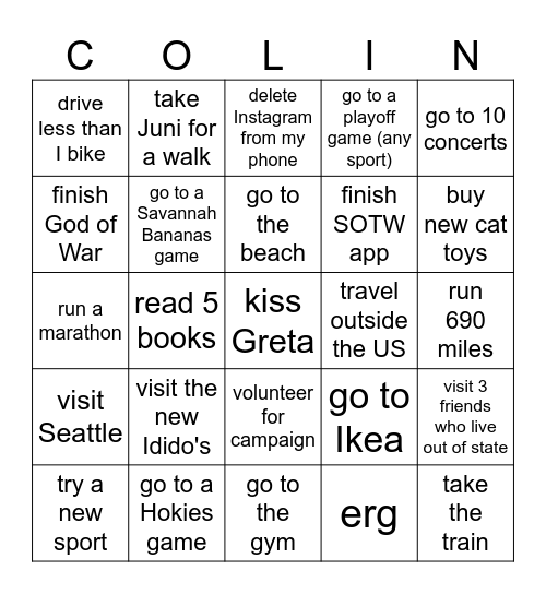 Colin's 2025 Bingo Card Bingo Card