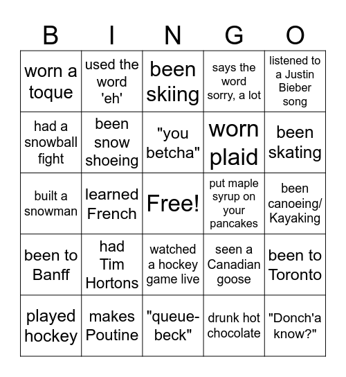 Canadian stereotypes Bingo Card