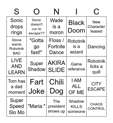 SONIC 3 Bingo Card