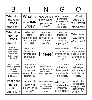 DBT Intro to Distress Tolerance Bingo Card