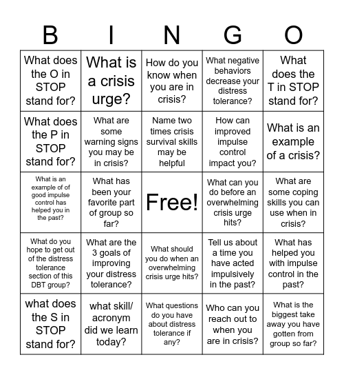 DBT Intro to Distress Tolerance Bingo Card