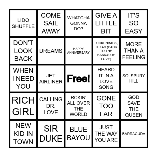 ROCK 1977 Bingo Card