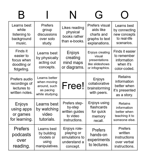 Sensory learning preferences Bingo Card